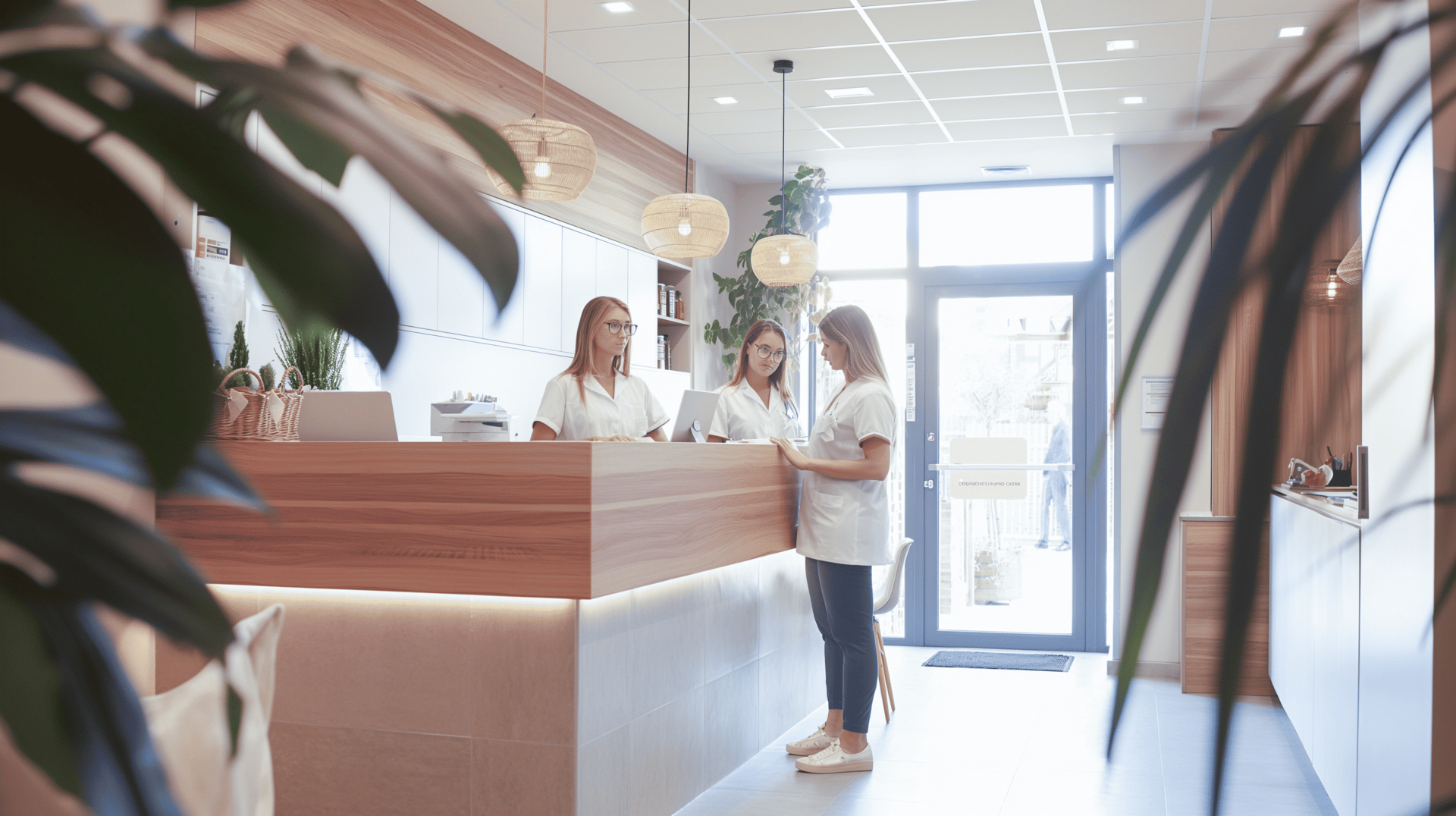 Drei Mitarbeiterinnen einer Praxis stehen am Empfangstresen und besprechen Unterlagen in einem modernen, hellen Anmeldebereich.