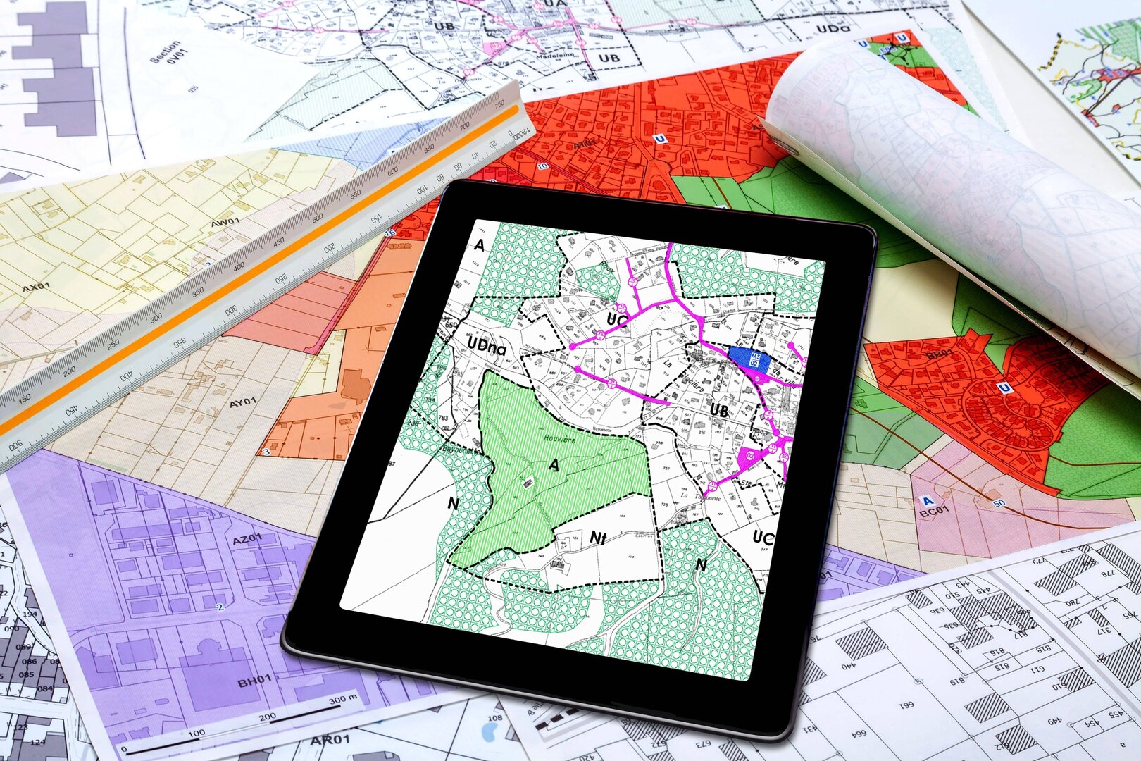 Tablet zeigt digitalen Stadtplan auf einem Tisch voller verschiedener Karten und Planungsunterlagen.