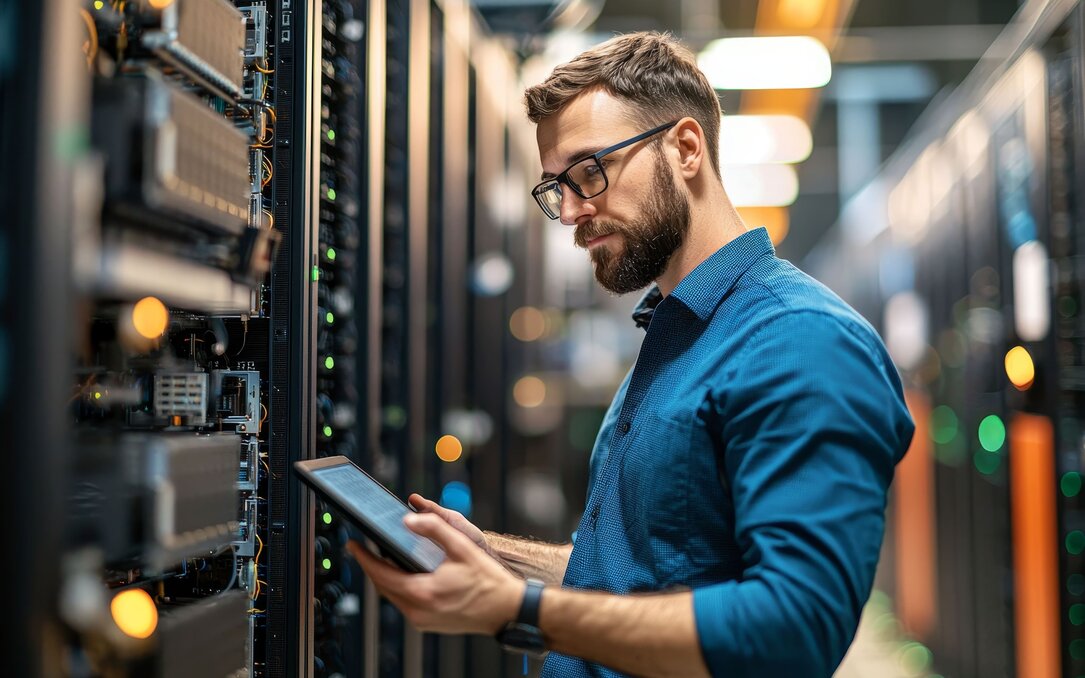 Techniker arbeitet mit einem Tablet an Servern in einem Rechenzentrum.