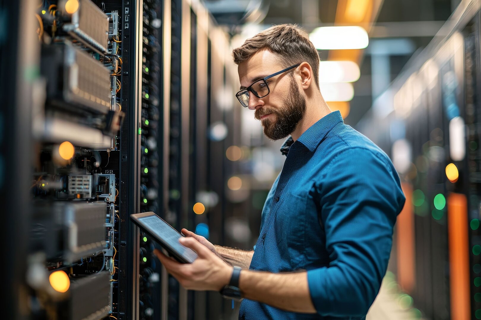 Techniker arbeitet mit einem Tablet an Servern in einem Rechenzentrum.